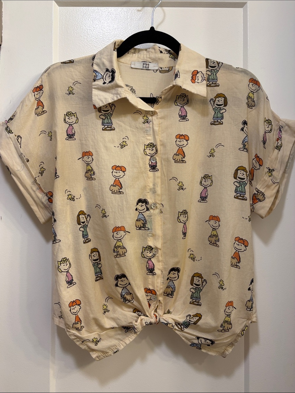 Cream cartoon character Tie-Front Shirt